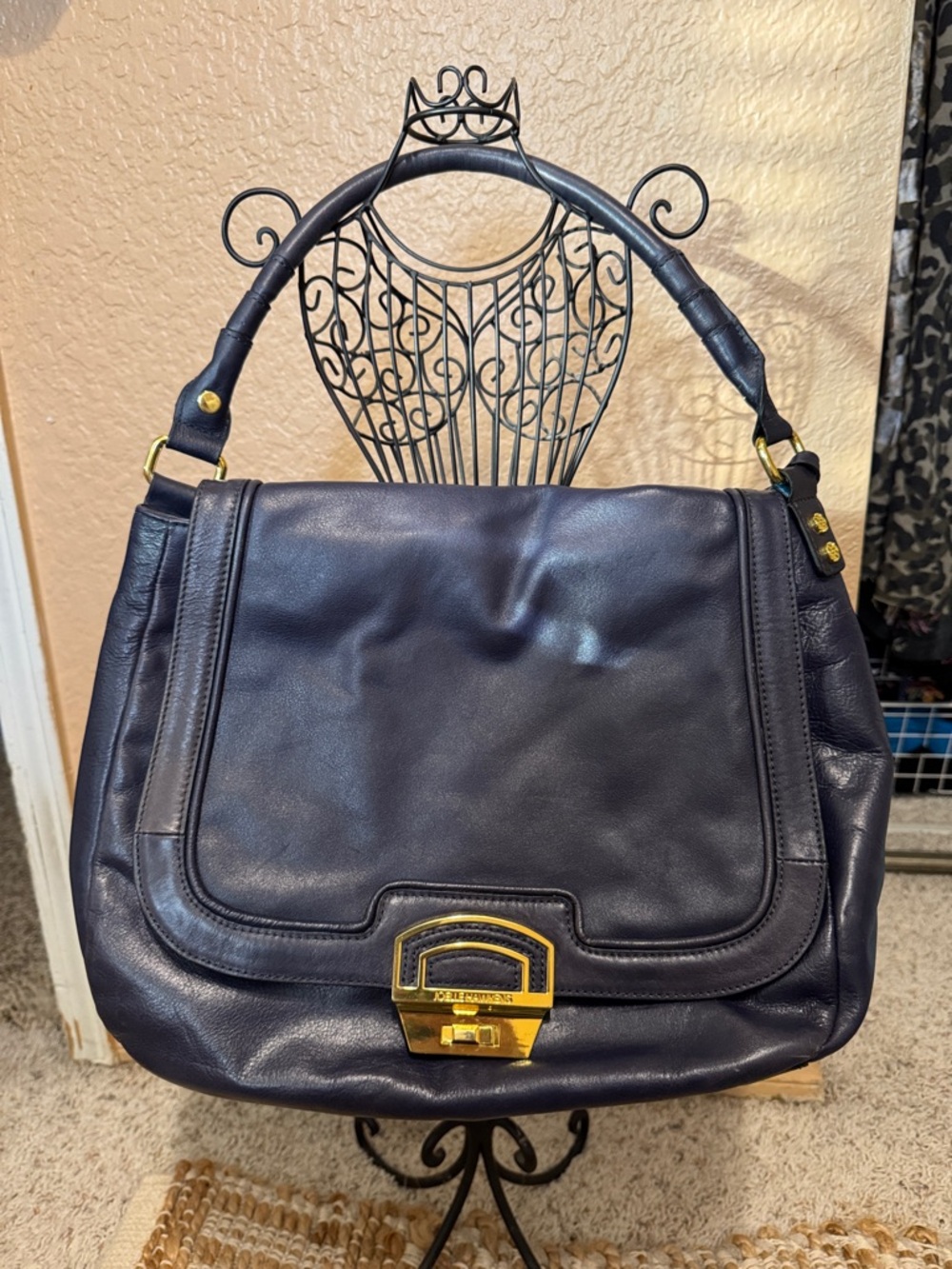 Classic Navy Leather Shoulder Bag with Gold Hardware Joelle Hawkens